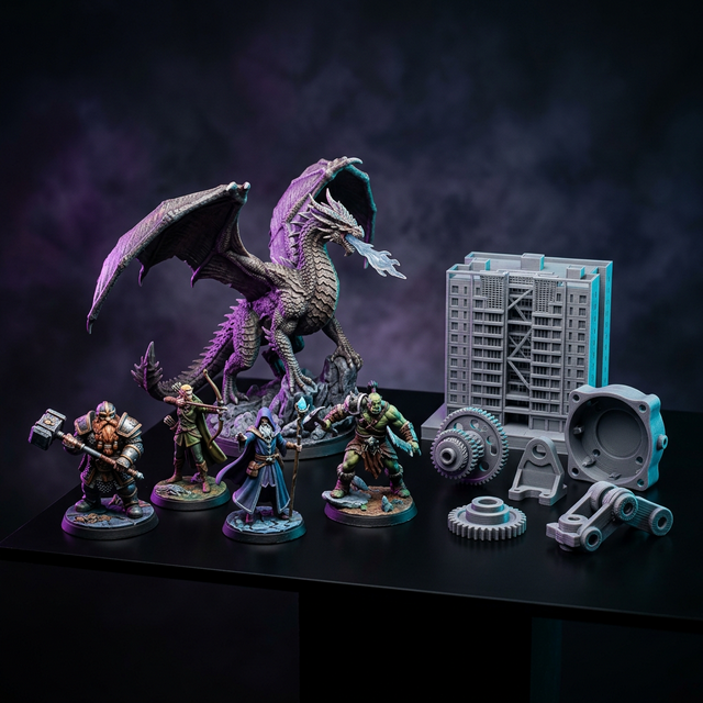 Showcase de peças impressas em 3D — miniaturas, protótipos e peças mecânicas